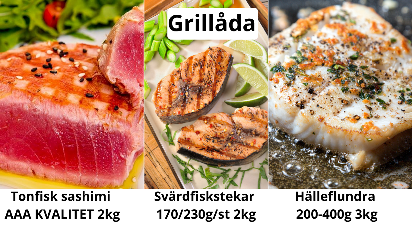 Grillåda 7 kg – tonfisk sashimi AAA, fasta svärdfiskstekar och hälleflundra med skinn för lyxiga grillmiddagar.