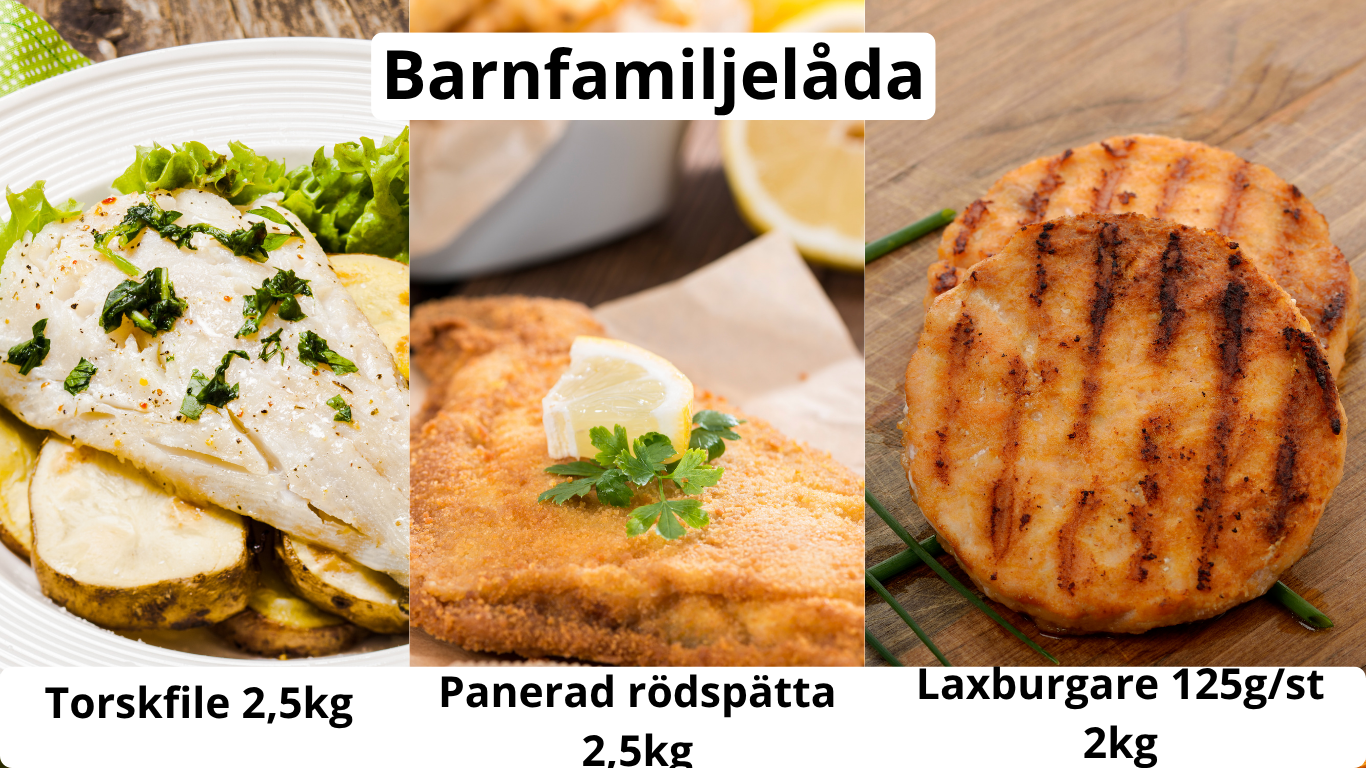 Barnfamiljelådan 7 kg – panerad rödspätta, laxburgare av sashimikvalitet och MSC-märkt torskfilé.