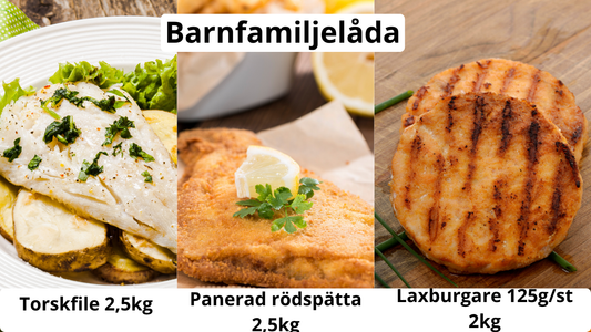 Barnfamiljelådan 7 kg – panerad rödspätta, laxburgare av sashimikvalitet och MSC-märkt torskfilé.