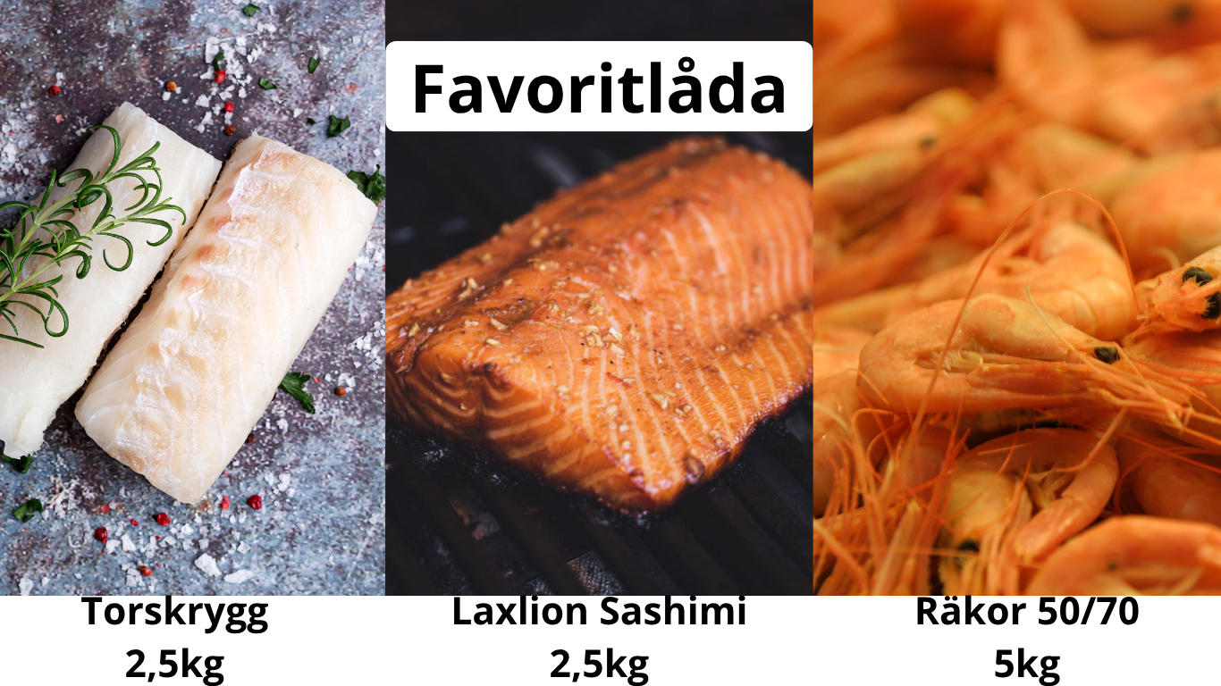 Favoritlådan 10 kg – premium laxloin sashimi, MSC-märkt torskrygg och stora saftiga räkor med skal.