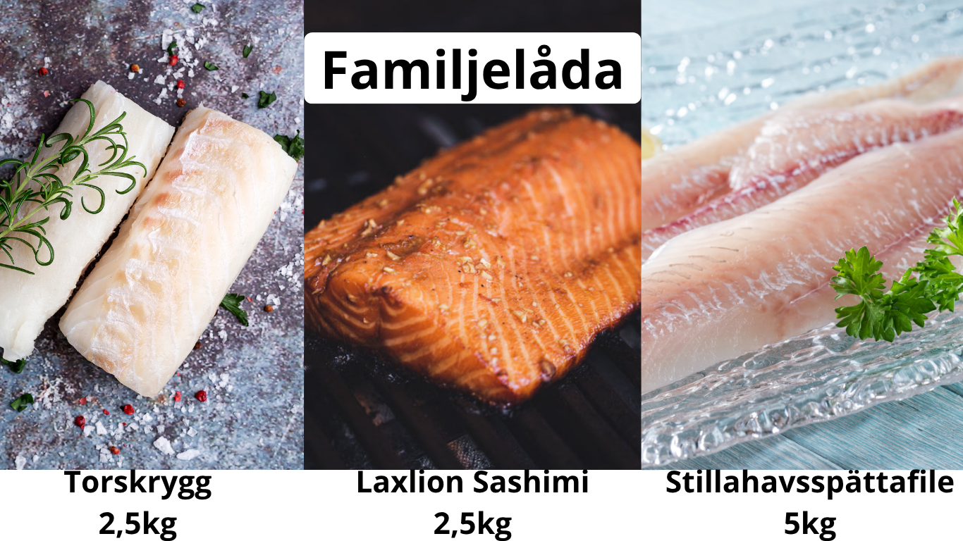 Familjelådan 10 kg – laxloin sashimi, MSC-märkt torskrygg och mild stillahavsspättafilé, perfekt för hela familjen.
